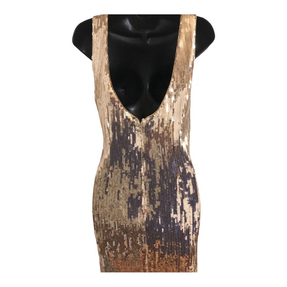 Nanette lepore gold Sequin Fringe flapper style low cut back Midi-Dress size 10 - Picture 4 of 15